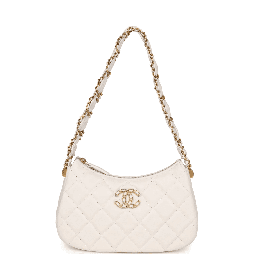 Chanel AS4422 23K Hobo Bag Lambskin Gold Metal White
